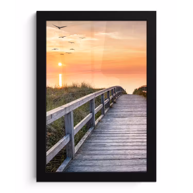 Zonsonderang - Zee - Pad - Gras - Duin - Vogels fotolijst zwart zonder passe partout klein -3d
