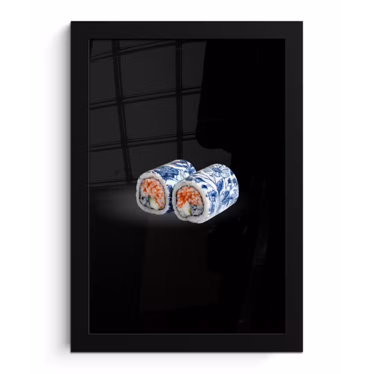 Sushi - Delfts blauw - Rijst - Vis - Elegant fotolijst zwart zonder passe partout klein -3d