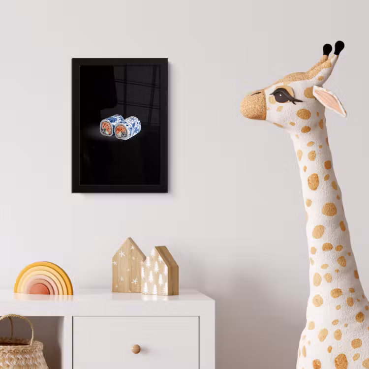 Sushi - Delfts blauw - Rijst - Vis - Elegant fotolijst zwart zonder passe partout klein -usfeer4_kinderkamer