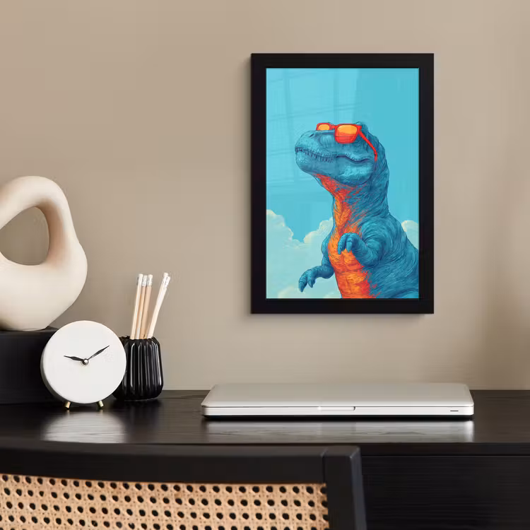 T-Rex - Blauw - Wolken - Zonnebril fotolijst zwart zonder passe partout klein -sfeer1