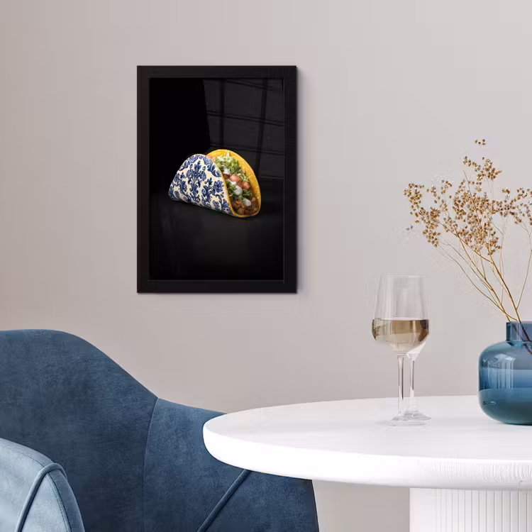 Taco - Vlees - Salade - Delftsblauw - Motief fotolijst zwart zonder passe partout klein -sfeer4
