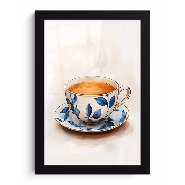 Theekop - Bladeren - Blauw fotolijst zwart zonder passe partout klein -3d