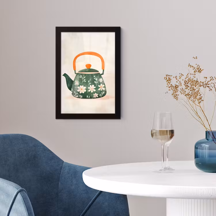 Theepot - Groen - Bloemen - Oranje fotolijst zwart zonder passe partout klein -sfeer4