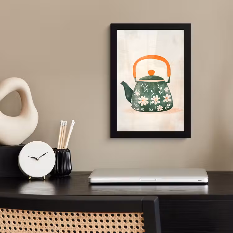 Theepot - Groen - Bloemen - Oranje fotolijst zwart zonder passe partout klein -sfeer1