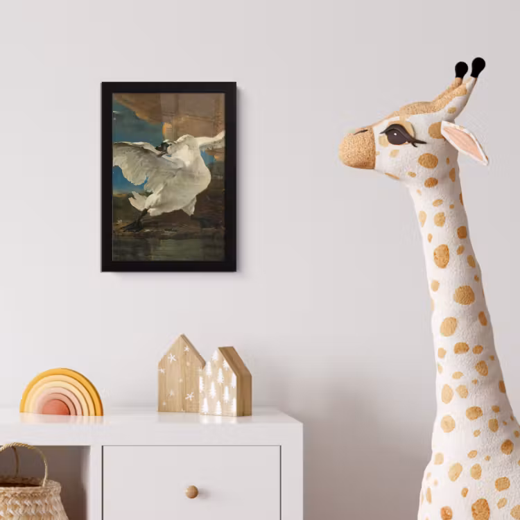 De bedreigde zwaan - Schilderij van Jan Asselijn fotolijst zwart zonder passe partout klein -usfeer4_kinderkamer