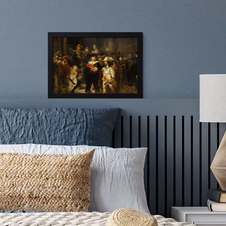 De Nachtwacht - Schilderij van Rembrandt van Rijn fotolijst zwart zonder passe partout klein -sfeer3
