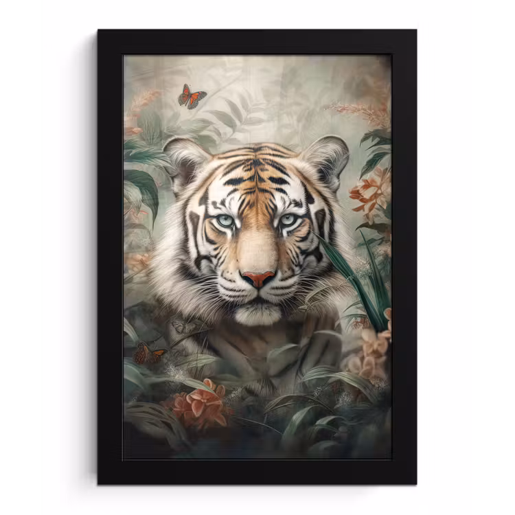 Tijger - Vlinders - Dieren - Jungle - Bloemen fotolijst zwart zonder passe partout klein -3d