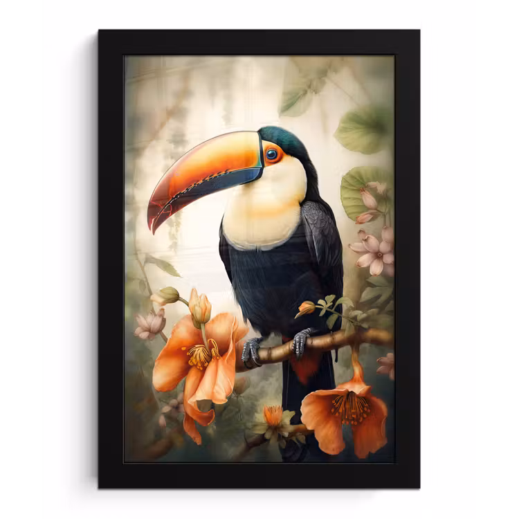 Toekan - Vogel - Bloemen - Planten fotolijst zwart zonder passe partout klein -3d