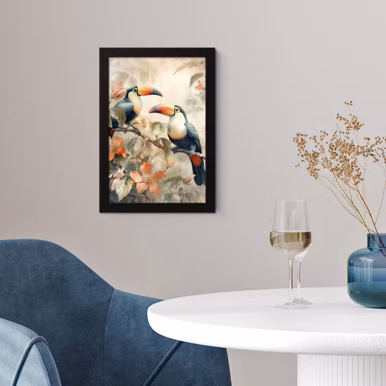 Toekan - Vogels - Bloemen - Tak fotolijst zwart zonder passe partout klein -sfeer4