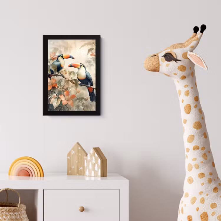 Toekan - Vogels - Bloemen - Tak fotolijst zwart zonder passe partout klein -usfeer4_kinderkamer