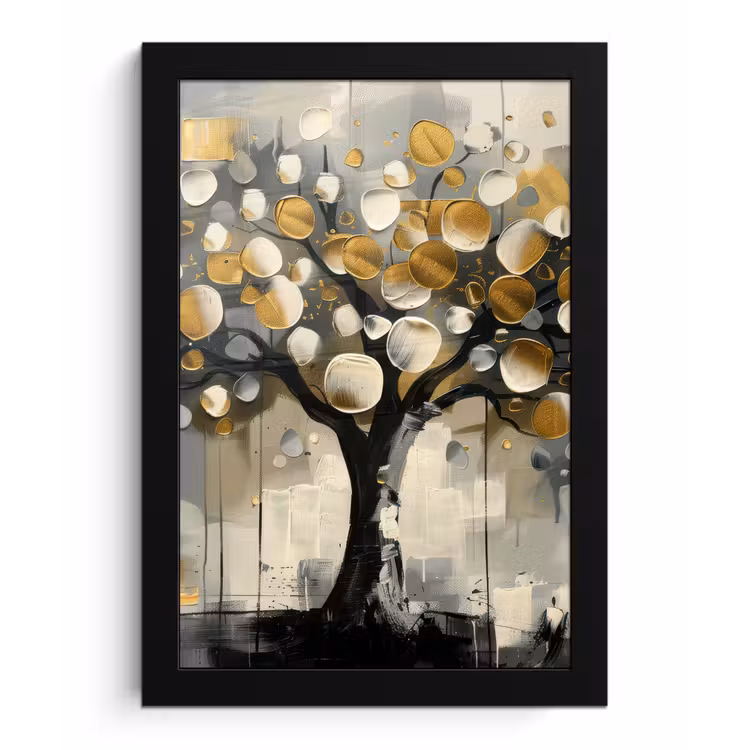 Boom - Abstract - Beige - Goud - Zwart fotolijst zwart zonder passe partout klein -3d