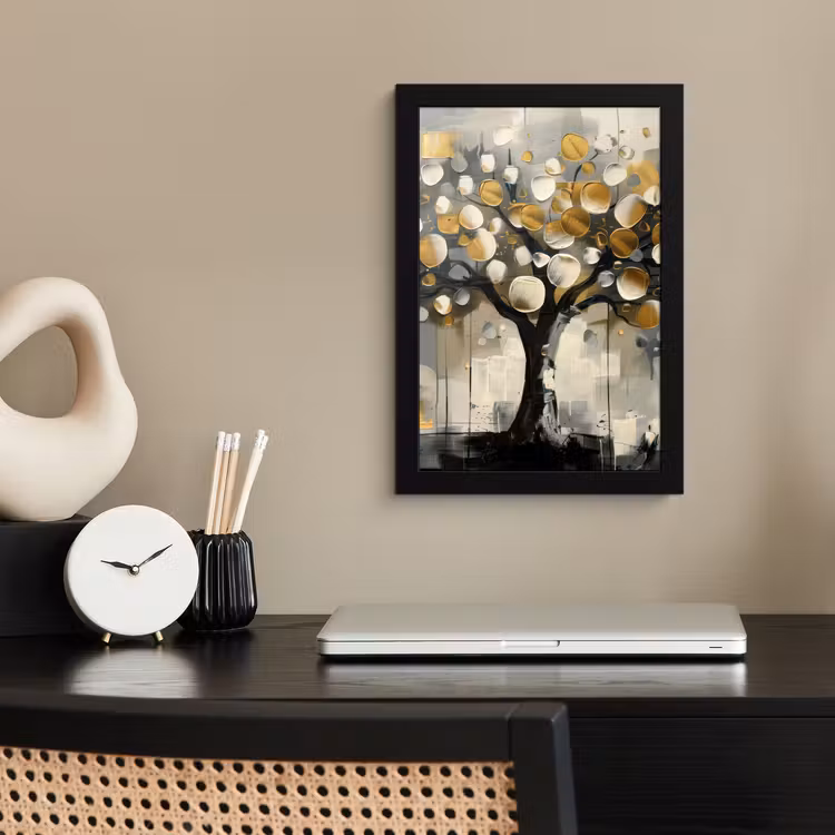 Boom - Abstract - Beige - Goud - Zwart fotolijst zwart zonder passe partout klein -sfeer1