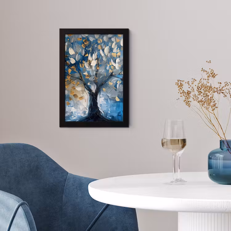 Boom - Blauw - Goud - Abstract fotolijst zwart zonder passe partout klein -sfeer4