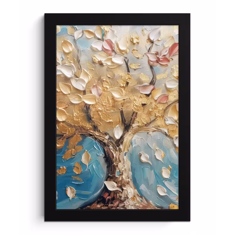 Boom - Blauw - Goud - Abstract - Modern fotolijst zwart zonder passe partout klein -3d