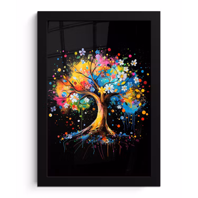 Boom - Kleurrijk - Bloemen - Zwart fotolijst zwart zonder passe partout klein -3d