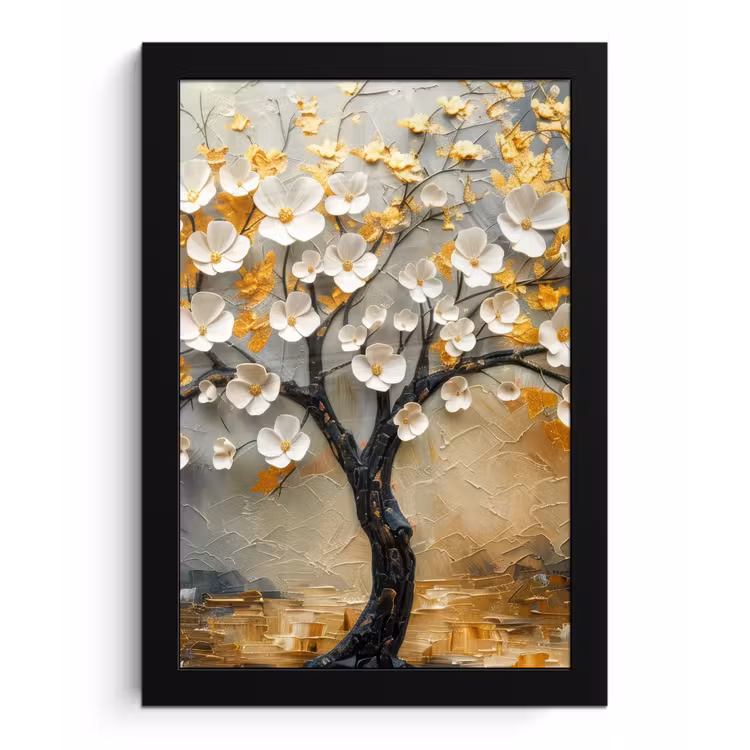 Boom - Bloemen - Goud - Beige fotolijst zwart zonder passe partout klein -3d
