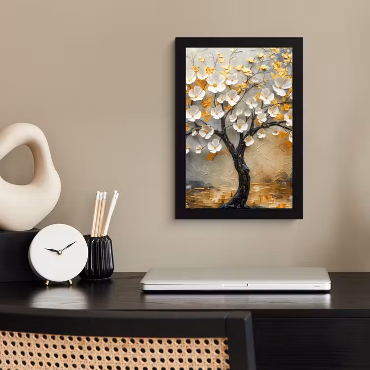 Boom - Bloemen - Goud - Beige fotolijst zwart zonder passe partout klein -sfeer1