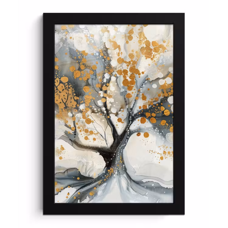 Boom - Modern - Abstract - Goud - Zwart - Wit fotolijst zwart zonder passe partout klein -3d