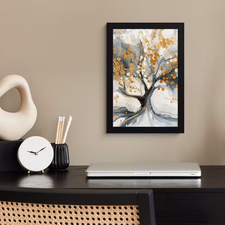 Boom - Modern - Abstract - Goud - Zwart - Wit fotolijst zwart zonder passe partout klein -sfeer1
