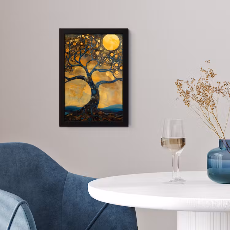 Boom - Maan - Bloemen - Goud - Kunst fotolijst zwart zonder passe partout klein -sfeer4