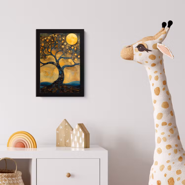 Boom - Maan - Bloemen - Goud - Kunst fotolijst zwart zonder passe partout klein -usfeer4_kinderkamer