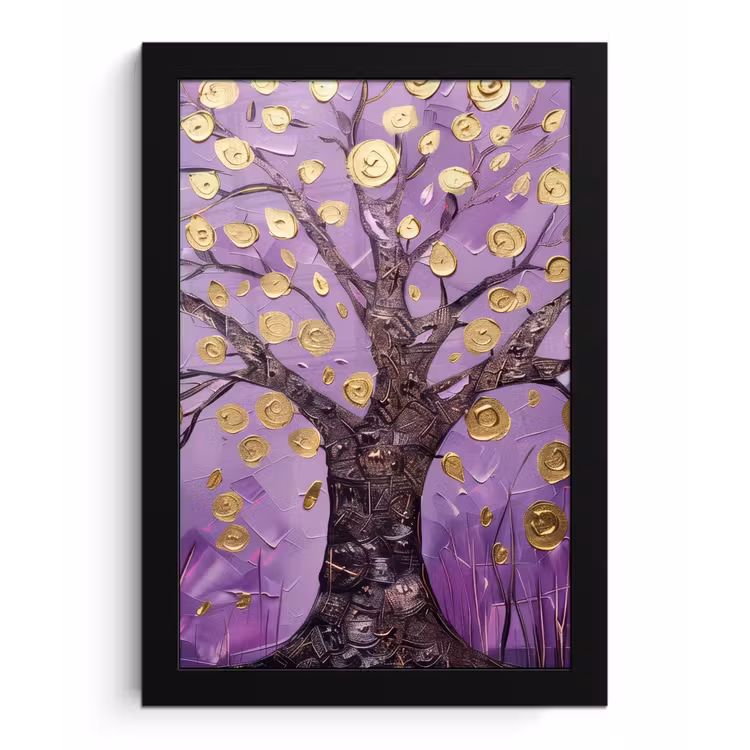 Levensboom - Boom - Paars - Goud - Modern fotolijst zwart zonder passe partout klein -3d