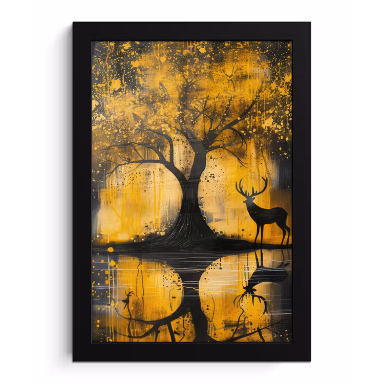 Boom - Verflook - Hert - Natuur - Goud fotolijst zwart zonder passe partout klein -3d