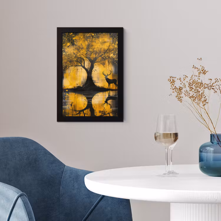 Boom - Verflook - Hert - Natuur - Goud fotolijst zwart zonder passe partout klein -sfeer4