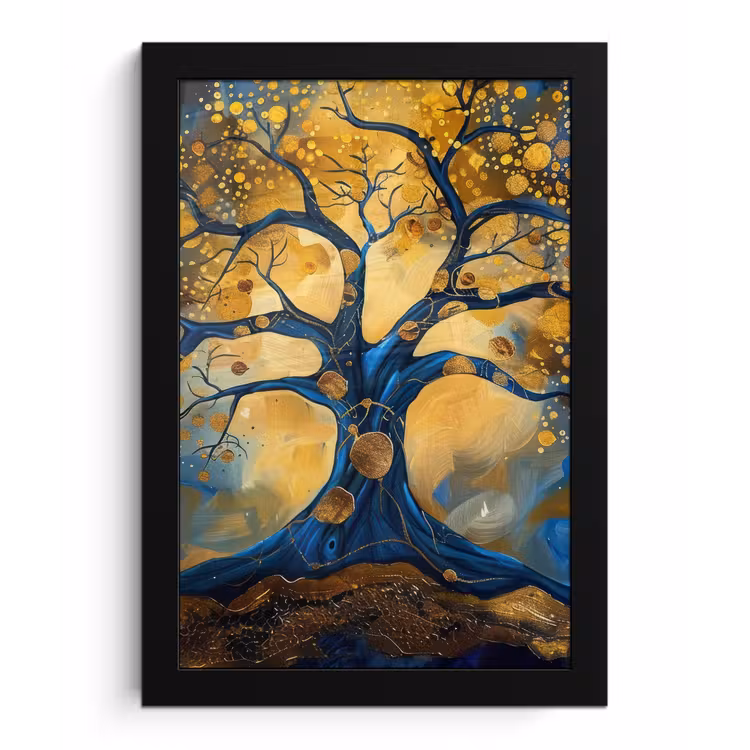 Boom - Levensboom - Blauw - Goud fotolijst zwart zonder passe partout klein -3d