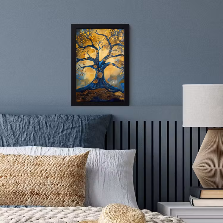 Boom - Levensboom - Blauw - Goud fotolijst zwart zonder passe partout klein -sfeer3