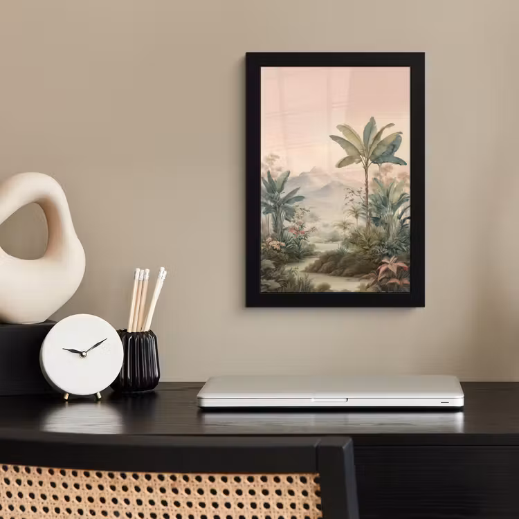 Tropisch landschap - palmbomen - Bloemen - Roze lucht fotolijst zwart zonder passe partout klein -sfeer1