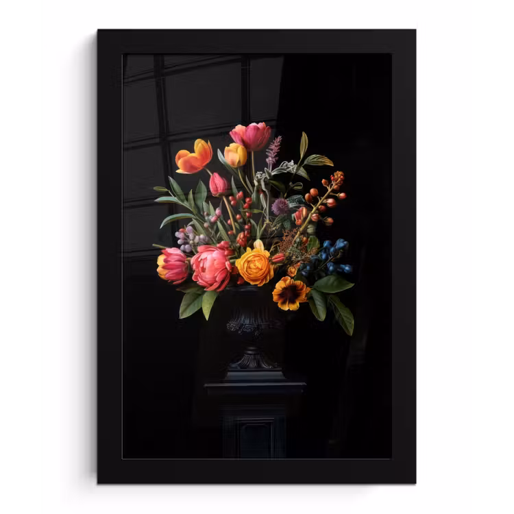 Tulpen - Bessen - Boeket - Vaas fotolijst zwart zonder passe partout klein -3d