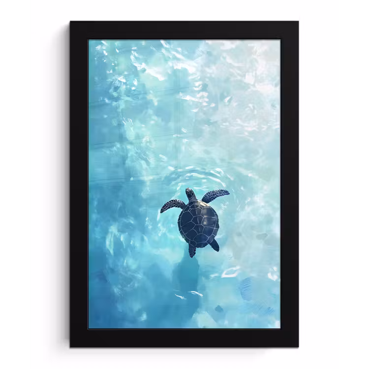 Schildpad - Zee - Blauw - Schittering fotolijst zwart zonder passe partout klein -3d