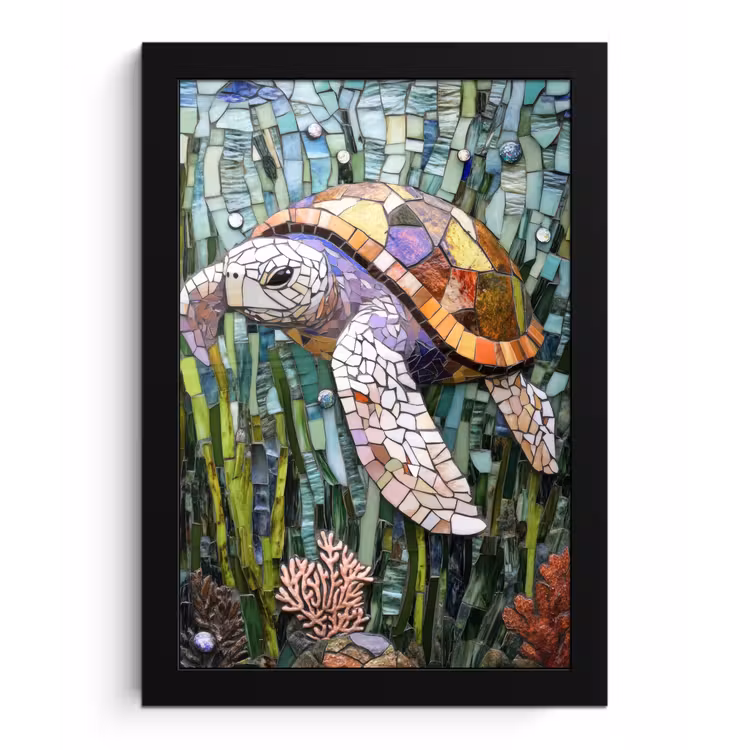 Schildpad - Zeewier - Mozaïek fotolijst zwart zonder passe partout klein -3d