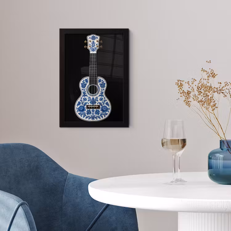 Ukelele - Delfts - Blauw - Muziek fotolijst zwart zonder passe partout klein -sfeer4