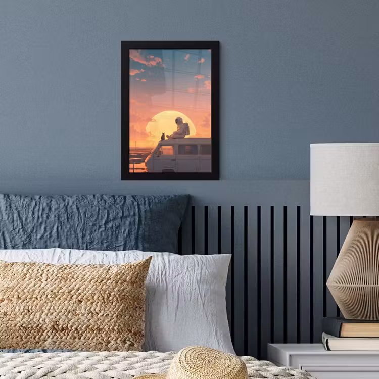 Busje - Kat - Zonsondergang - Oranje fotolijst zwart zonder passe partout klein -sfeer3
