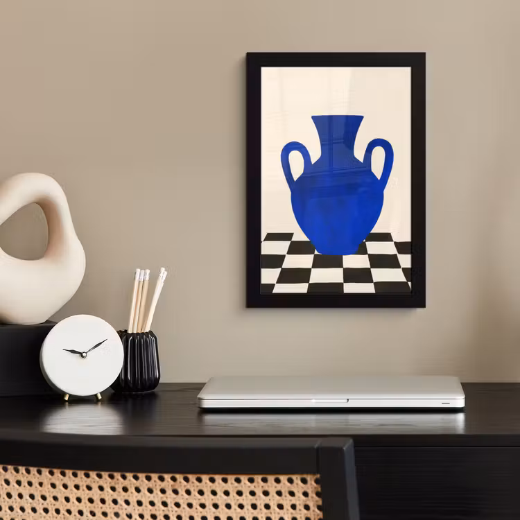 Vaas - Blauw - Geblokt - Modern fotolijst zwart zonder passe partout klein -sfeer1