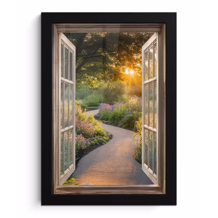 Doorkijk - Bloemen - Natuur - Zon - Pad fotolijst zwart zonder passe partout klein -3d