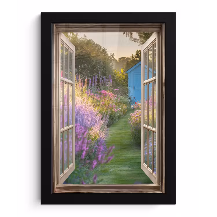 Doorkijk - Bloemen - Raam - Natuur fotolijst zwart zonder passe partout klein -3d