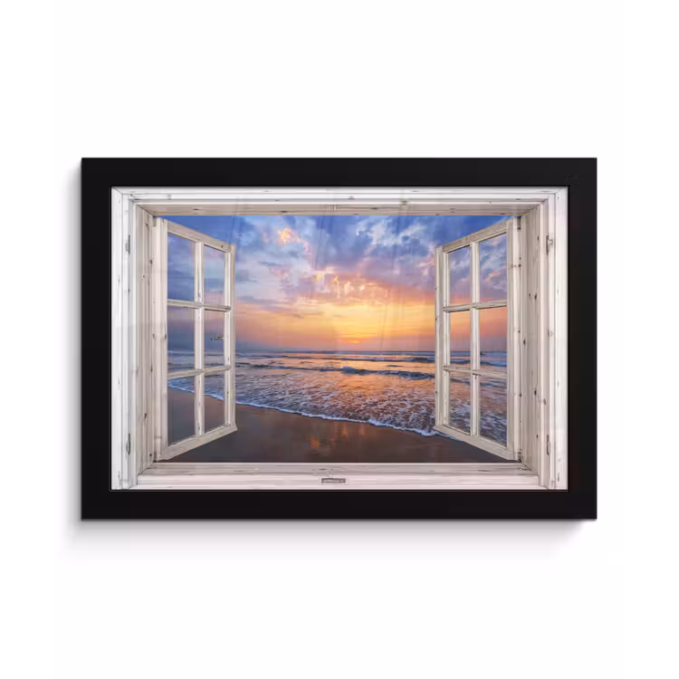Doorkijk - Zee - Strand - Zonsondergang - Blauw fotolijst zwart zonder passe partout klein -3d