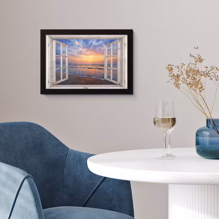 Doorkijk - Zee - Strand - Zonsondergang - Blauw fotolijst zwart zonder passe partout klein -sfeer4