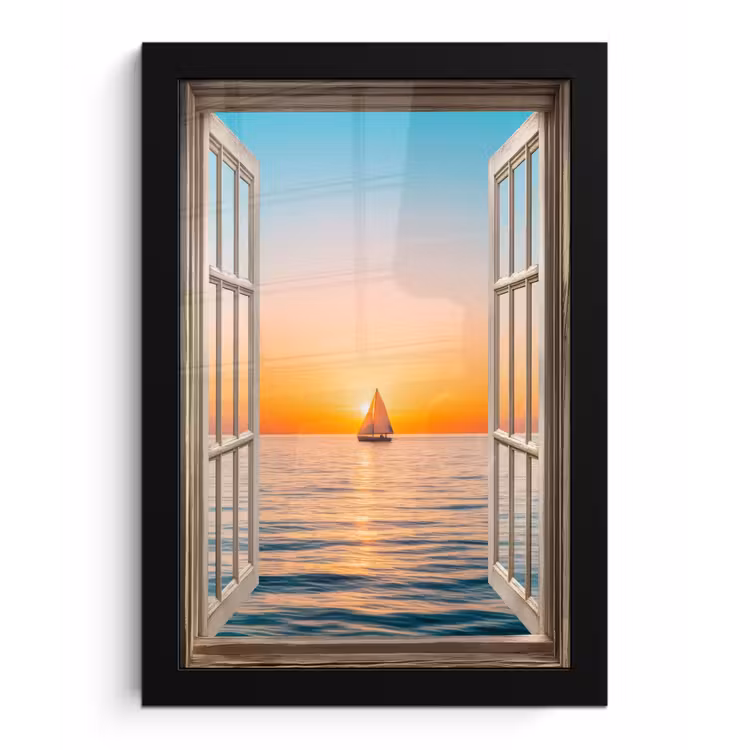 Doorkijk - Zee - Boot - Zonsondergang fotolijst zwart zonder passe partout klein -3d