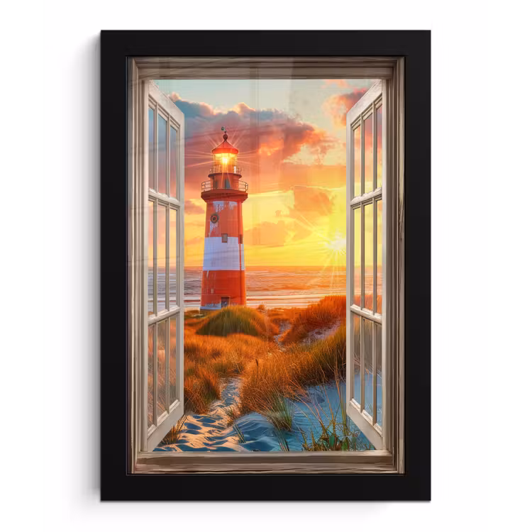 Doorkijk - Raam - Vuurtoren - Zonsondergang - Strand fotolijst zwart zonder passe partout klein -3d
