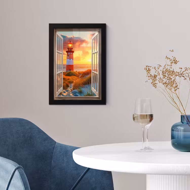 Doorkijk - Raam - Vuurtoren - Zonsondergang - Strand fotolijst zwart zonder passe partout klein -sfeer4