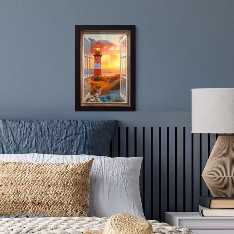 Doorkijk - Raam - Vuurtoren - Zonsondergang - Strand fotolijst zwart zonder passe partout klein -sfeer3