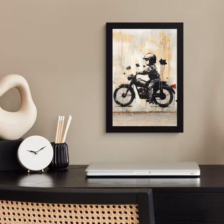 Vintage - Street art - Motor - Jongen - Graffiti - Zwart - Banksy fotolijst zwart zonder passe partout klein -sfeer1
