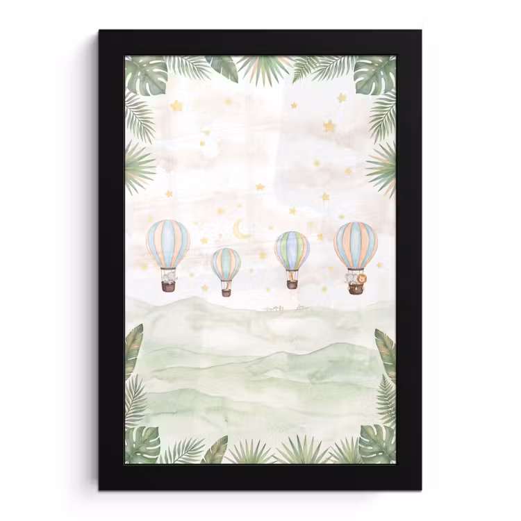 Aquarel - Luchtballonnen - Pastel fotolijst zwart zonder passe partout klein -3d