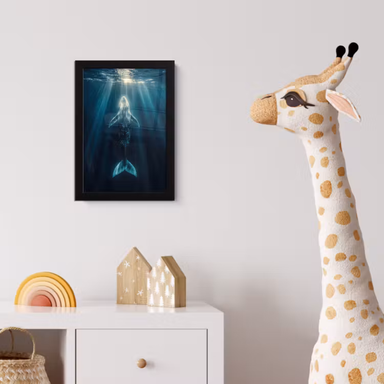Walvis - Water - Zonnestralen - Blauw fotolijst zwart zonder passe partout klein -usfeer4_kinderkamer