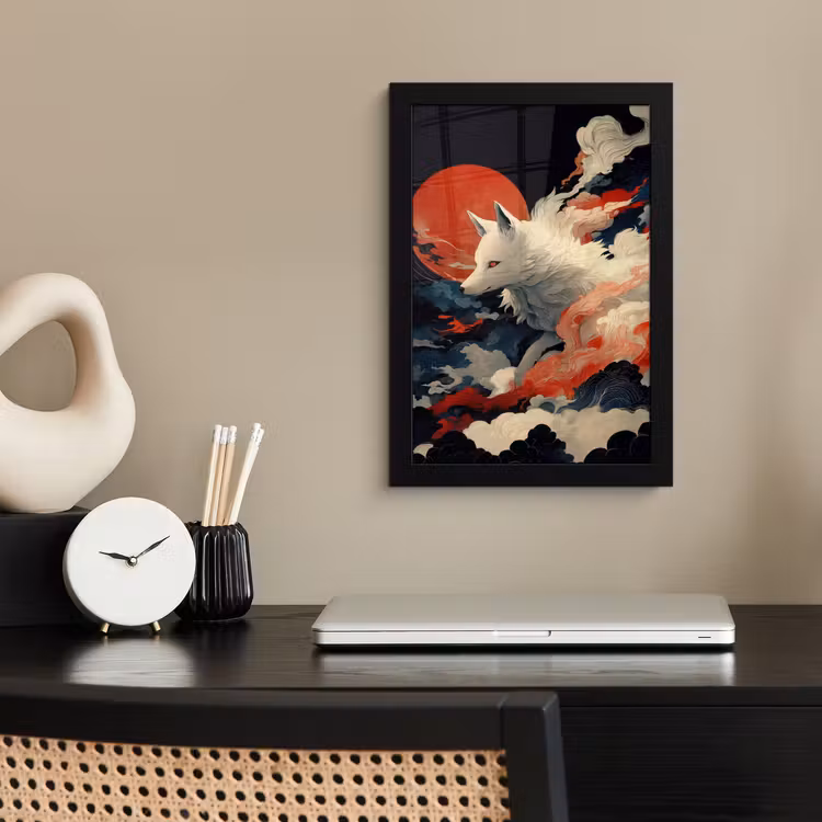 Witte vos - wolken - maan fotolijst zwart zonder passe partout klein -sfeer1