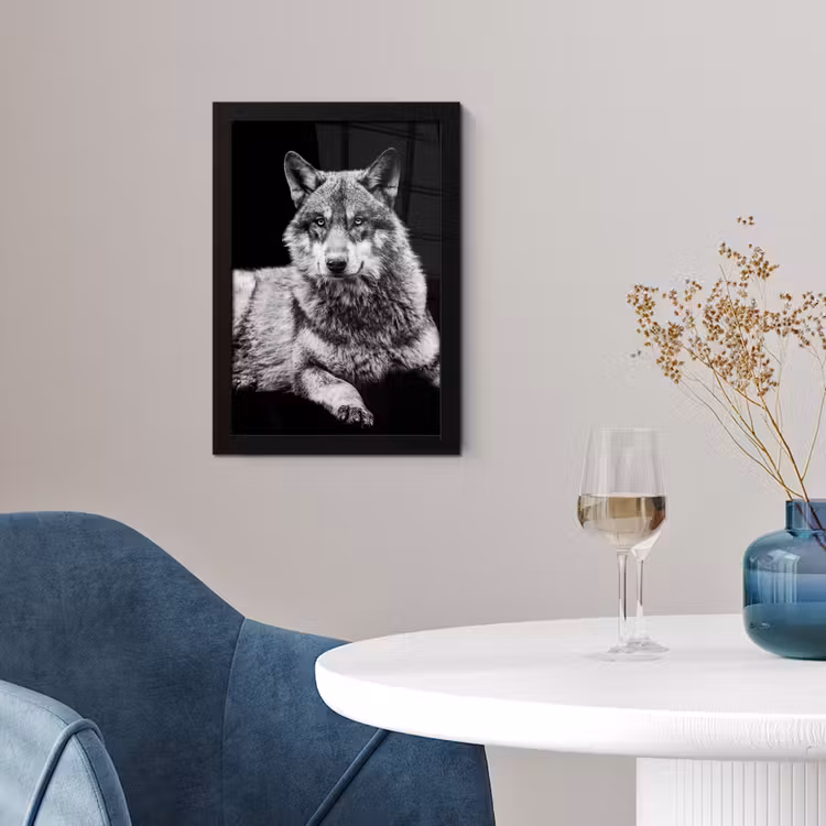 Wilde dieren - Wolf - Zwart - Wit fotolijst zwart zonder passe partout klein -sfeer4
